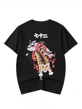 Niepce Black Short-Sleeve Tee with Fiery Tiger Graphic (YE-T029)